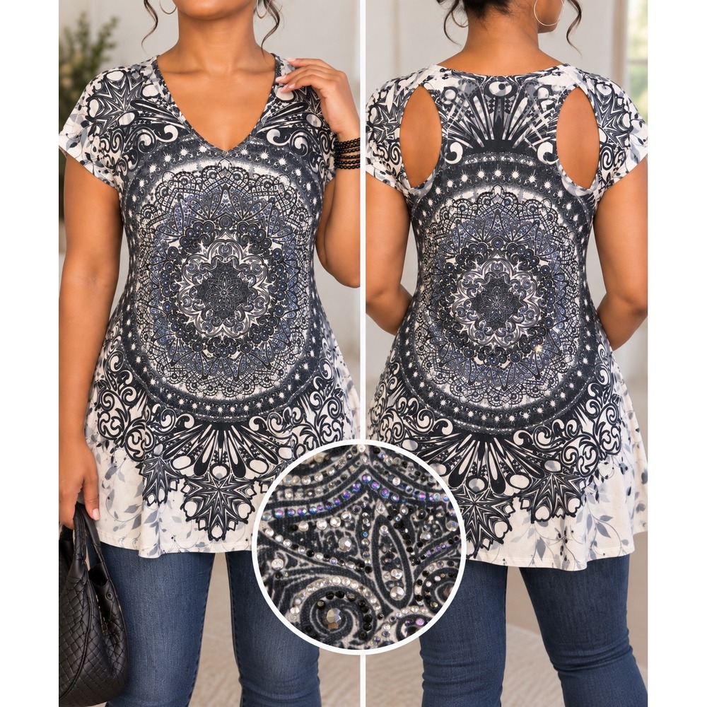 S 178 S-Twelve Rhinestone Mandala Tunic Top Cutout Back Boho Y2K Graphic
